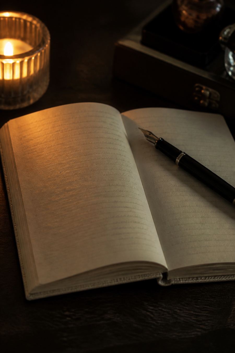 Open notebook on a dark table
