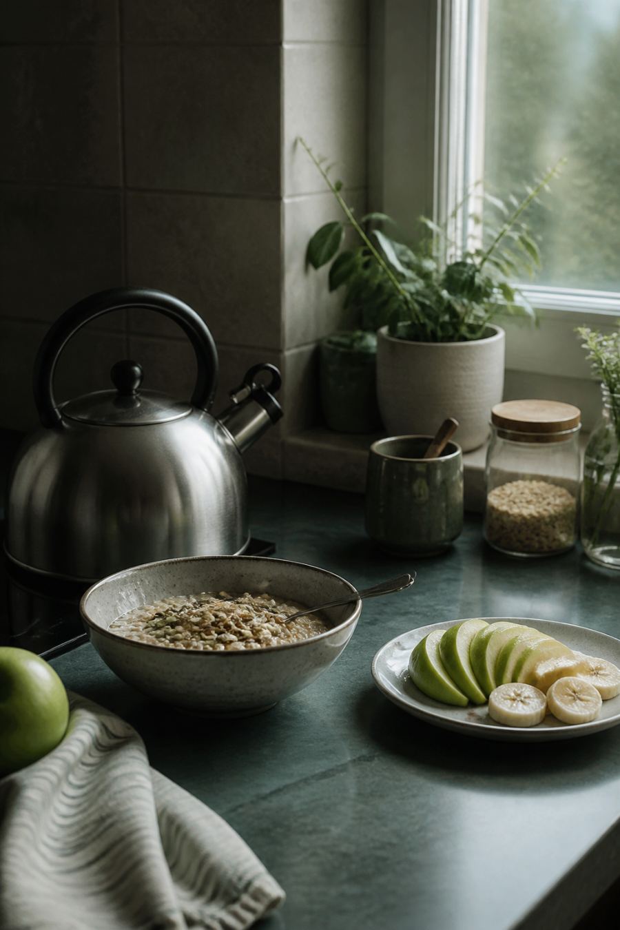 Morning kitchen with kettle and oats