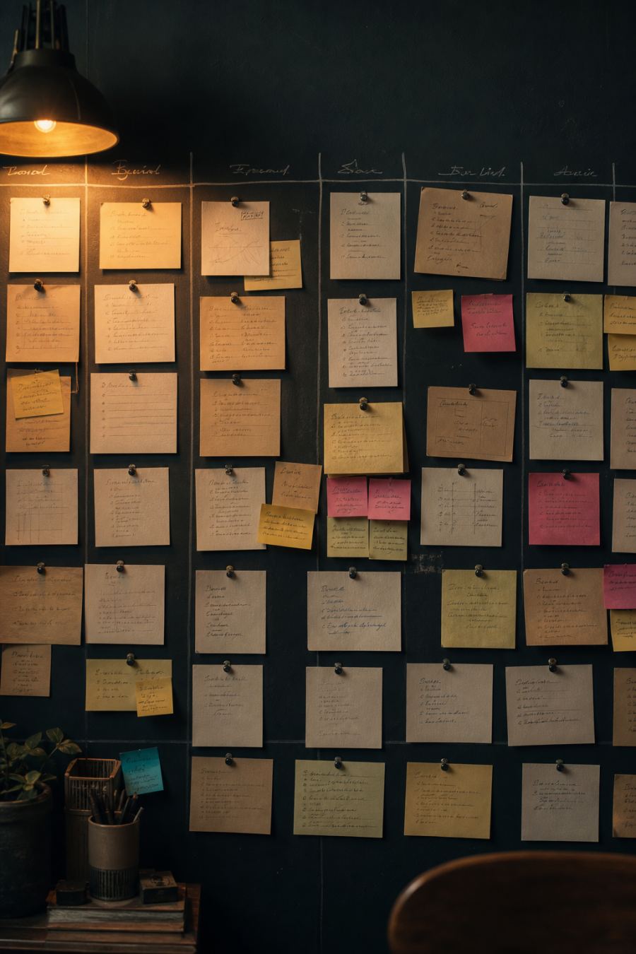 Paper task cards pinned on a wall