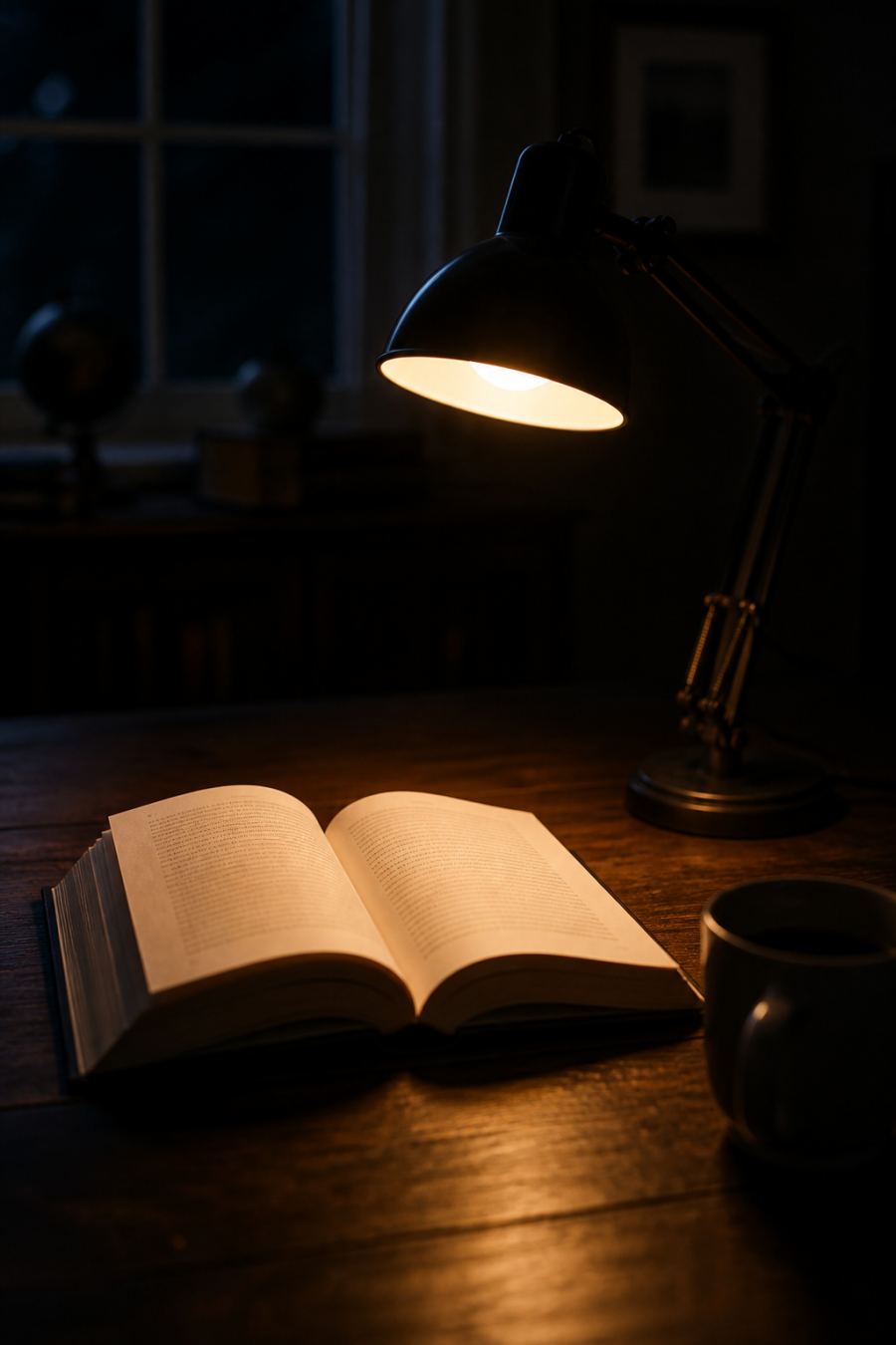 Open book under a desk lamp