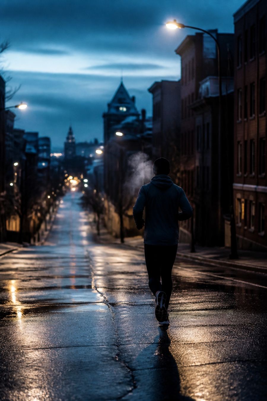Dawn run on a wet city street