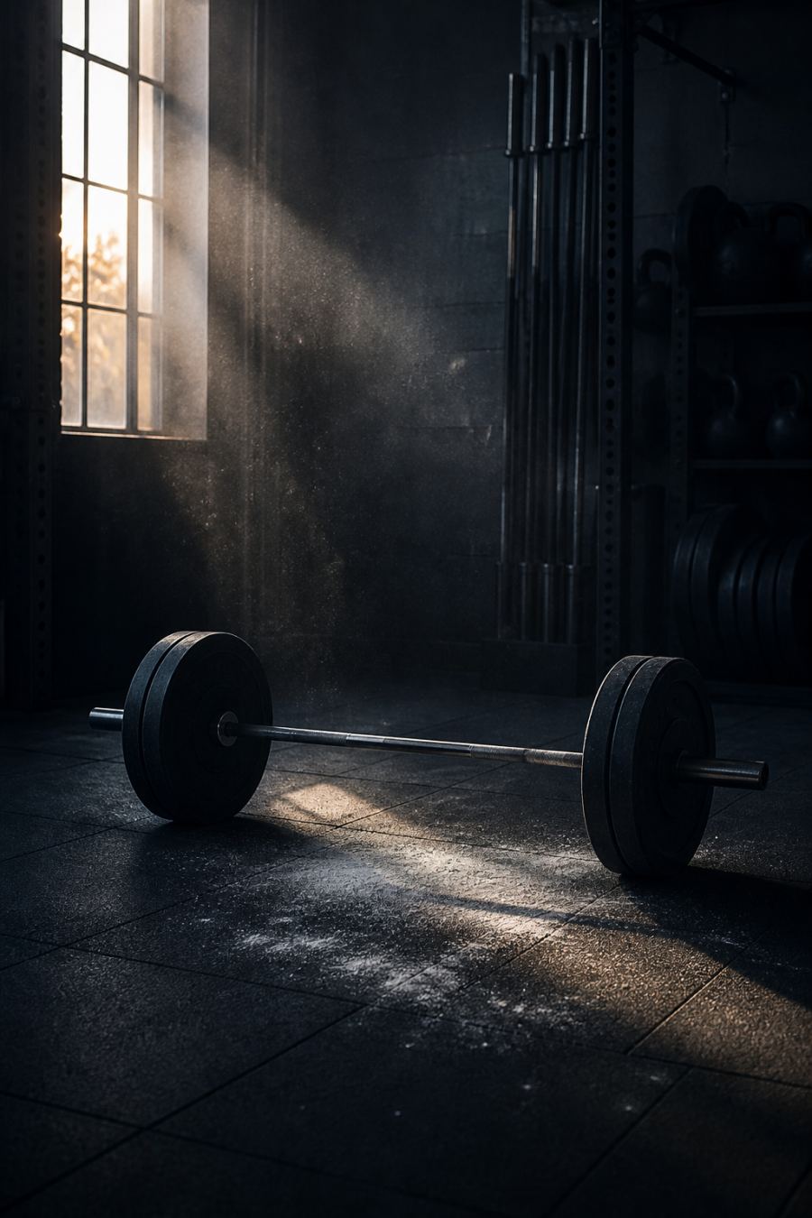Barbell on a gym floor in window light