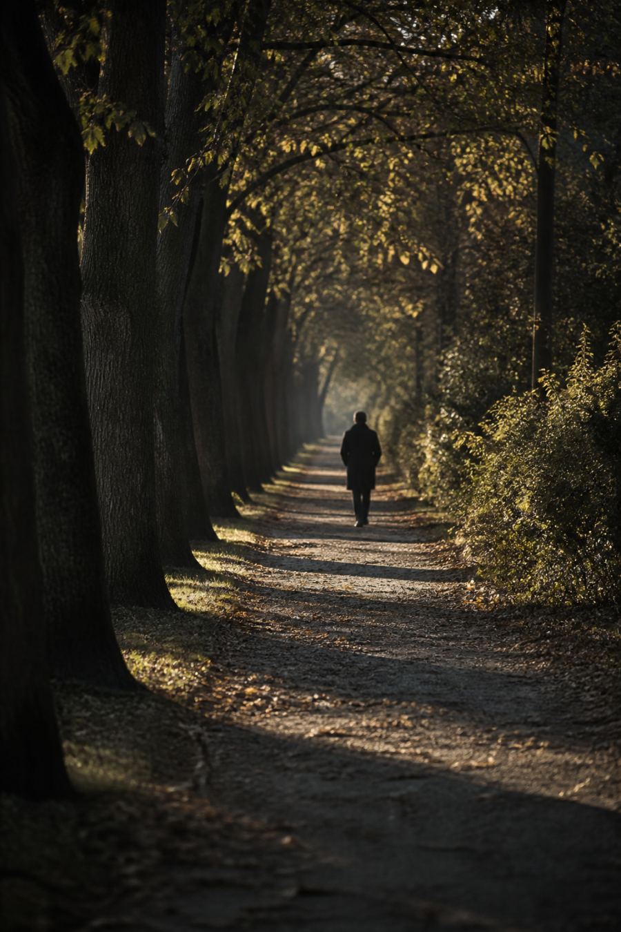 Tree-lined path in late afternoon light